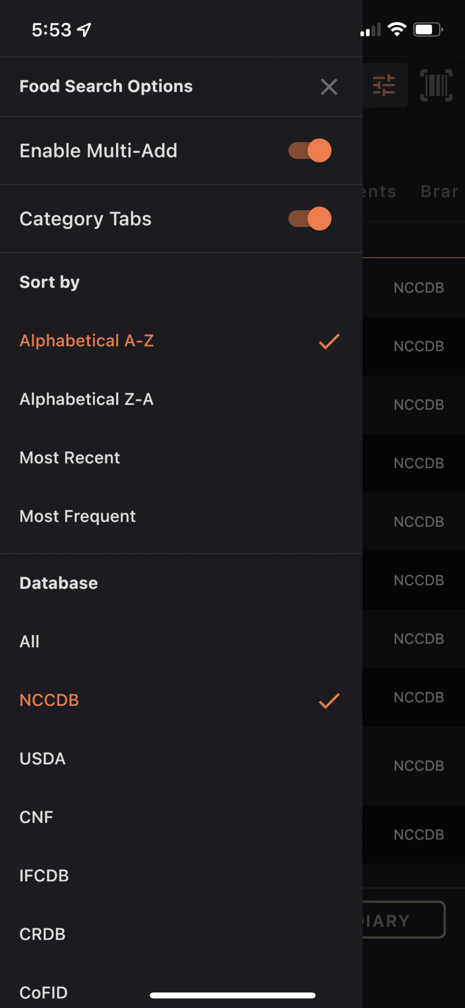 Food search filter options.