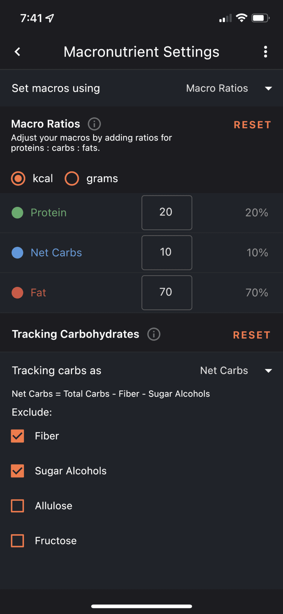 Set your macro ratios and change to net carbs.