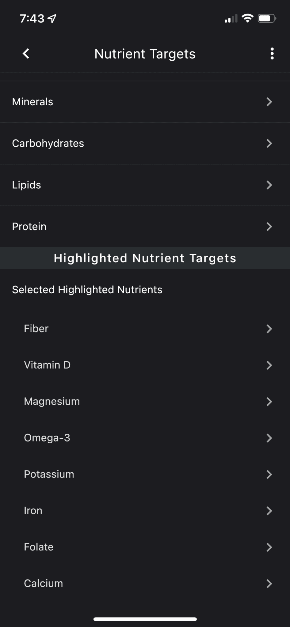 Select your highlighted nutrients.