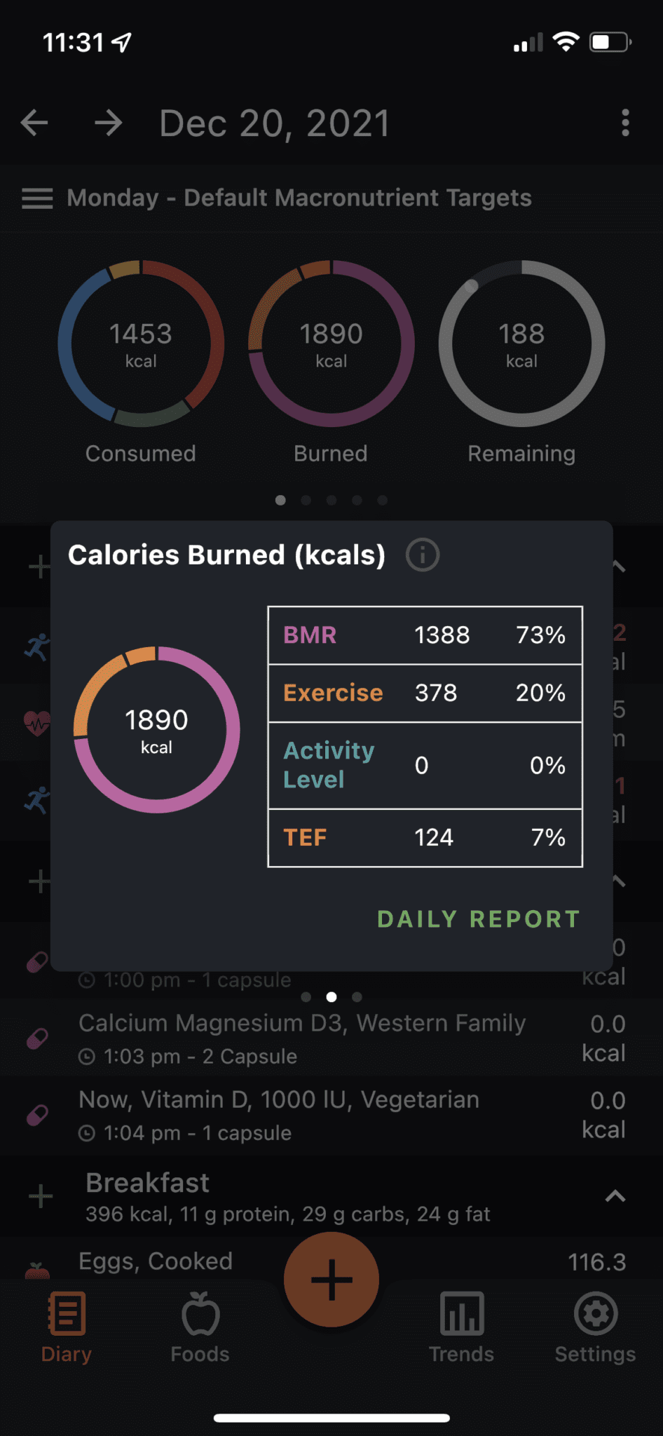 A pop up screen will show up when anything in the diary header is clicked.