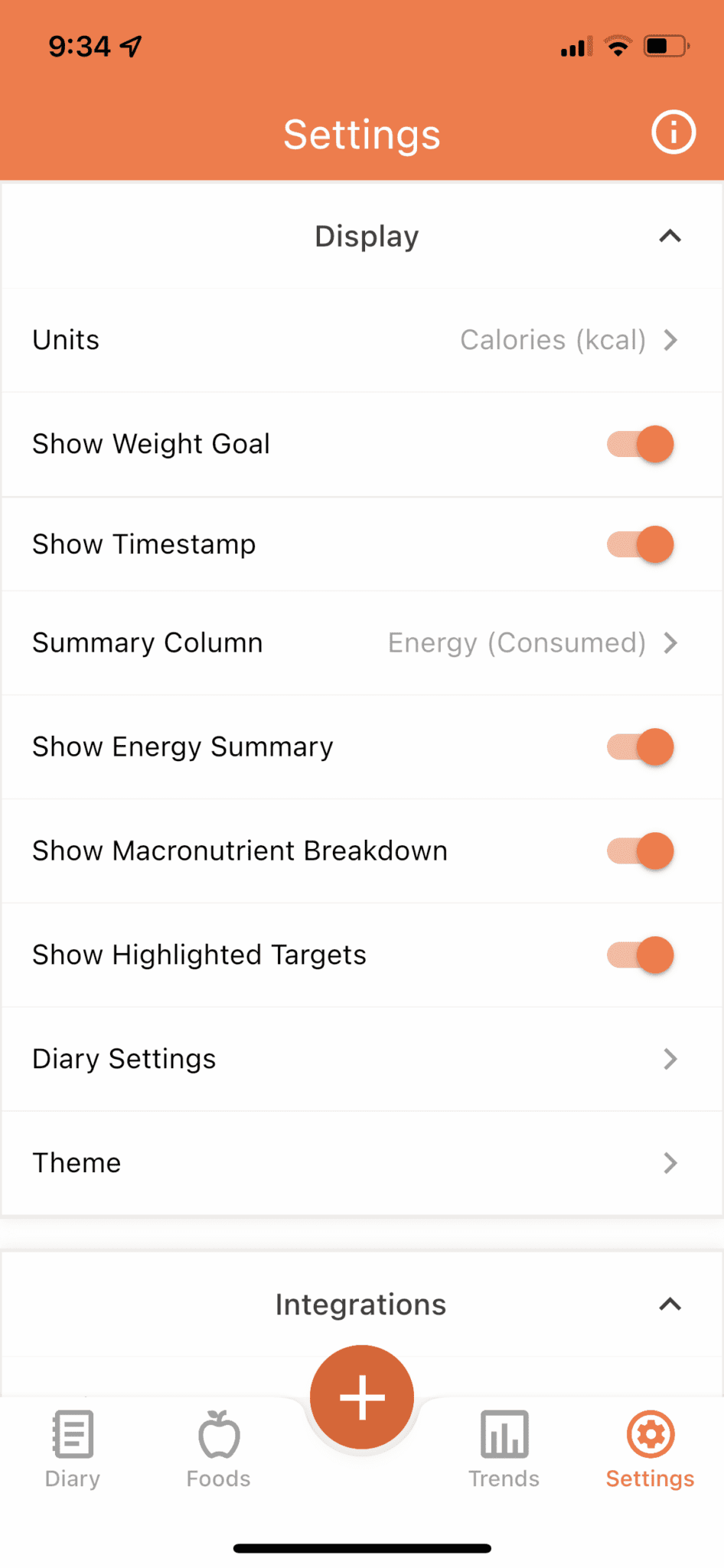 On the Settings page, select Diary Settings.