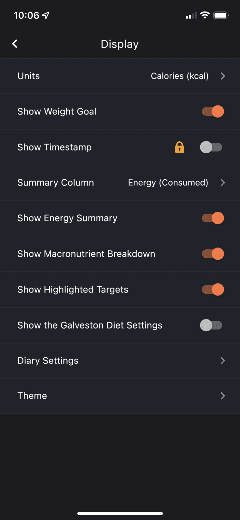On the mobile app, click show the Galveston Diet Settings slider.