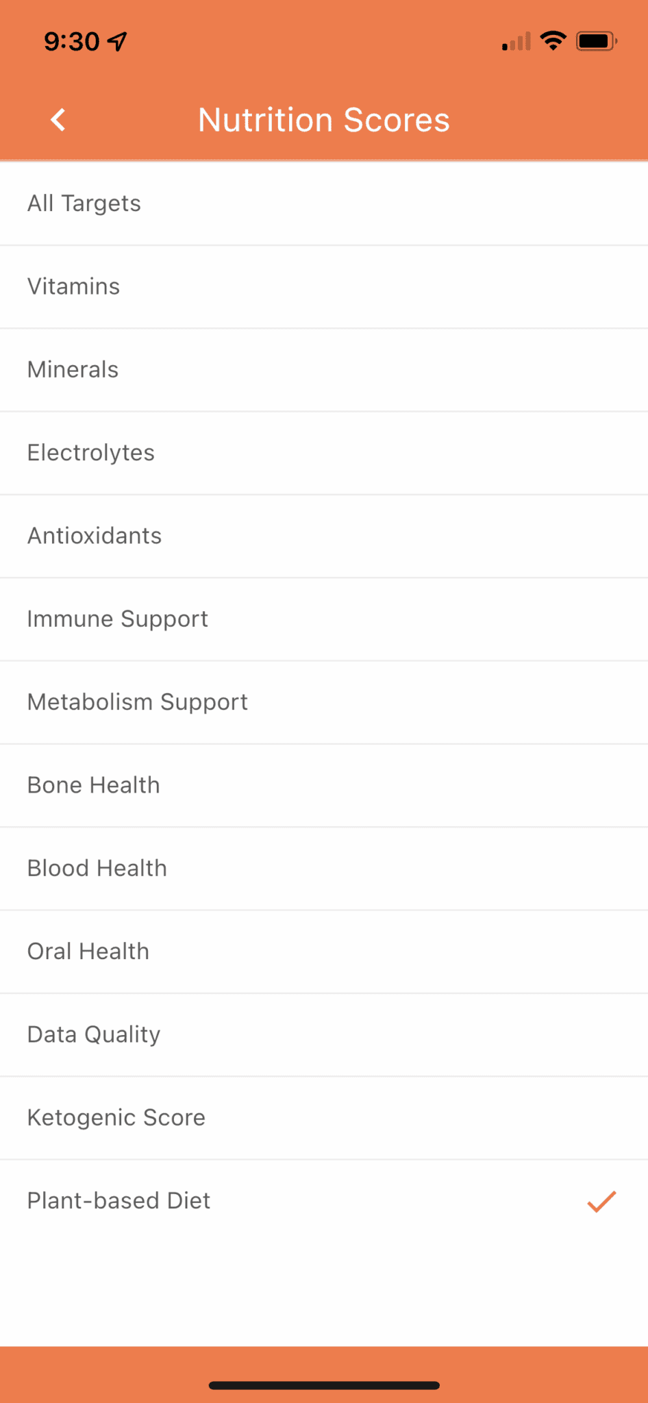 cronometer settings page for nutrition scores.