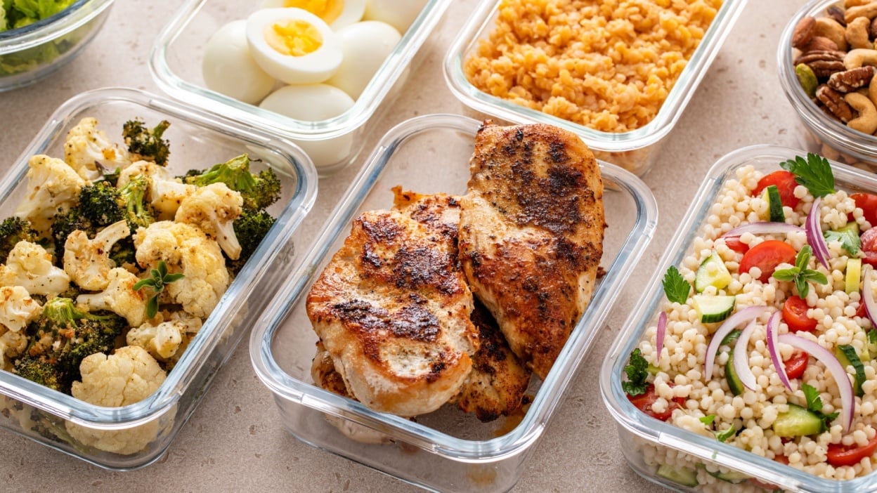A variety of healthy meal prep dishes arranged in clear glass containers, ideal for nutrition tracking with Cronometer. The meal includes grilled chicken breasts, roasted cauliflower and broccoli, a Mediterranean couscous salad with cherry tomatoes, cucumbers, and red onions, boiled eggs, cooked lentils, and a mix of nuts. This well-balanced spread highlights macro-friendly meals that can be easily logged in Cronometer for precise nutrition tracking and meal planning.
