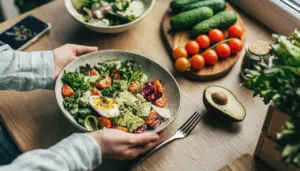 A person holds a bowl of fresh salad topped with avocado, cherry tomatoes, greens, cucumber, seeds, and a boiled egg, with whole ingredients like cucumbers, tomatoes, and avocado visible on the table—perfectly illustrating macro-balanced meal prep for Cronometer users.