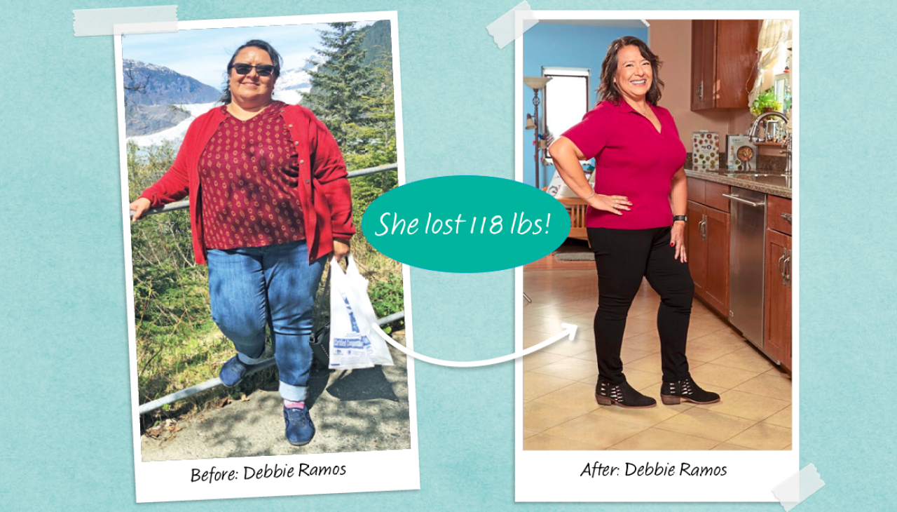 A side-by-side transformation photo of Debbie Ramos showing her weight loss journey—on the left, she stands outdoors in a red sweater and jeans, and on the right, she poses confidently in a kitchen wearing a red top and black pants. A text bubble in the center reads, “She lost 118 lbs!”