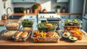 A kitchen counter is lined with neatly organized meal prep containers filled with high-protein foods like grilled chicken, brown rice, vegetables, leafy greens, and avocado—perfectly portioned for macro tracking and healthy eating.