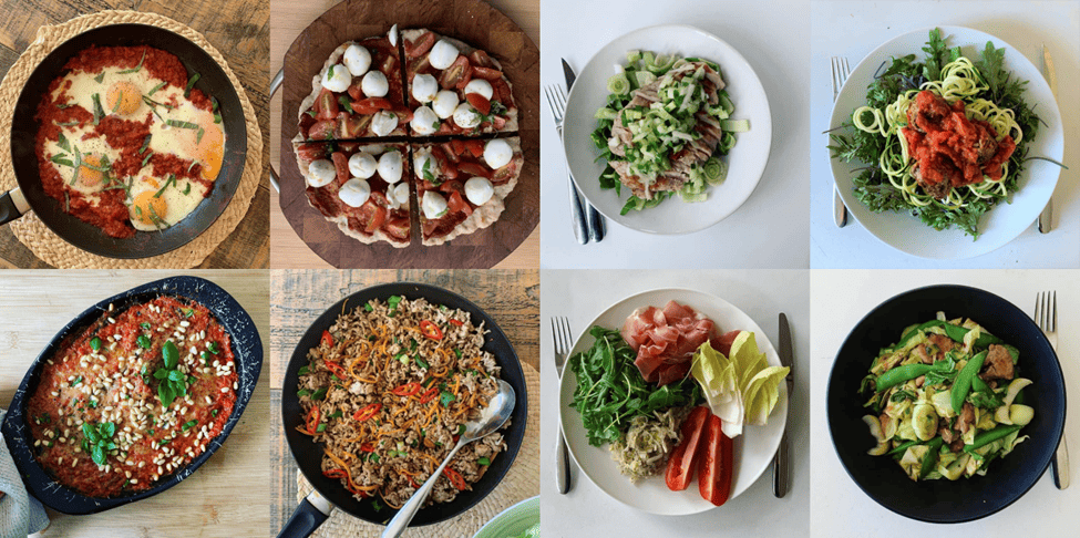 A collage of eight vibrant, nutritious meals displayed in bowls and plates, featuring a variety of colorful vegetables, proteins, and whole foods like shakshuka, pizza with mozzarella, spiralized zucchini pasta, stir-fried rice, and fresh salads—representing balanced, macro-conscious eating ideal for Cronometer users.